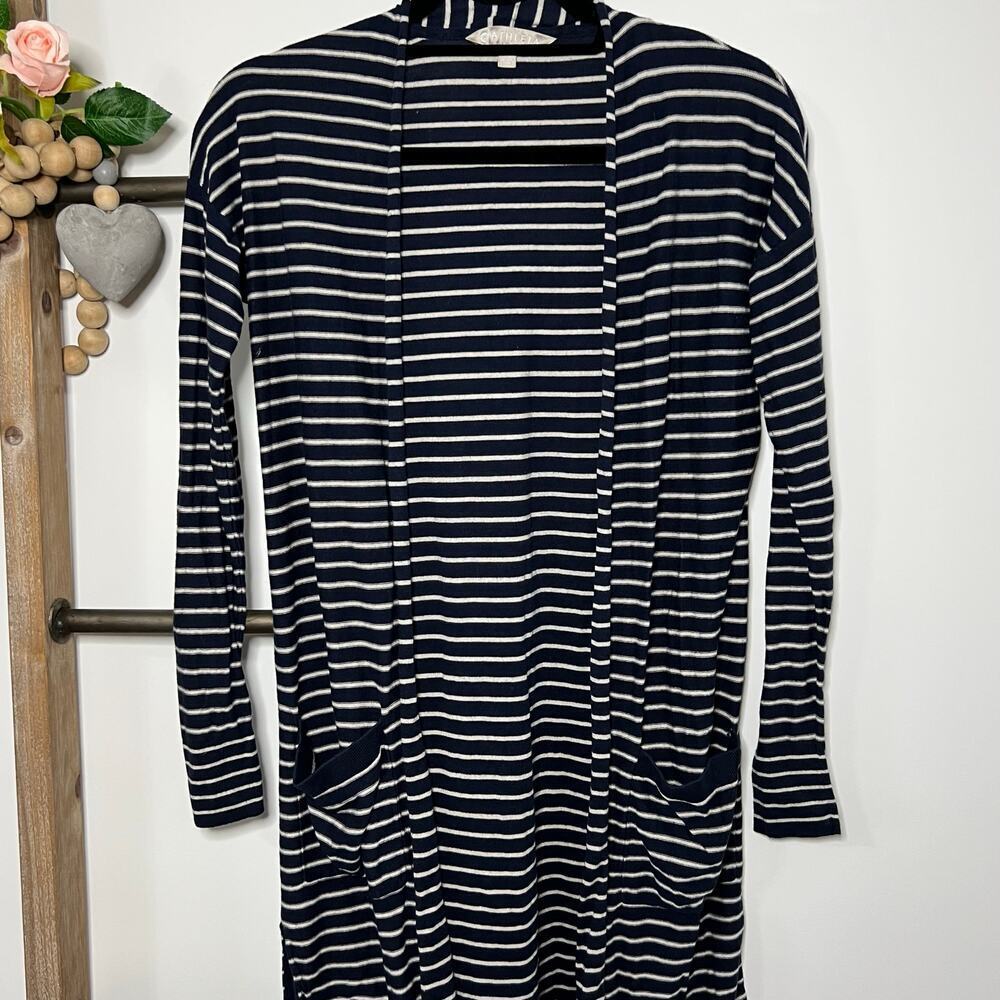 Athleta Silk Cashmere Navy White Striped Front Wide Open Cardigan Size‎ Small - Picture 2 of 6